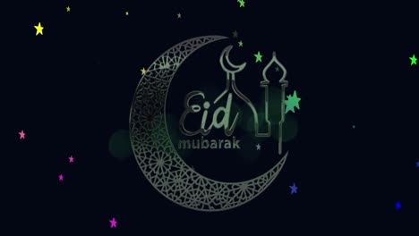 animation of eid mubarak text with crescent moon and mosque with stars background