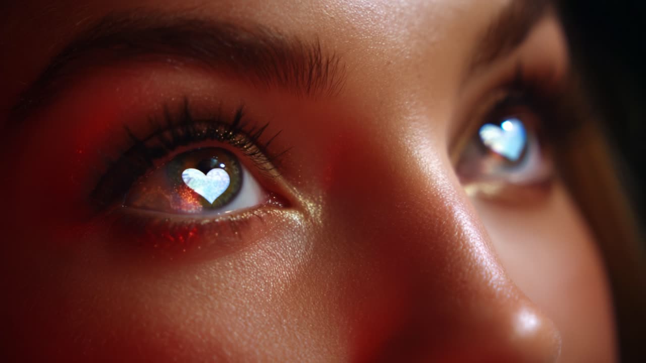 A Close-Up Capture of Striking Eyes: The Journey from Heart-Shaped Glimmers to an Intense Gaze Showcasing Transformative Emotional Expression in a Stunning Lighting Environment