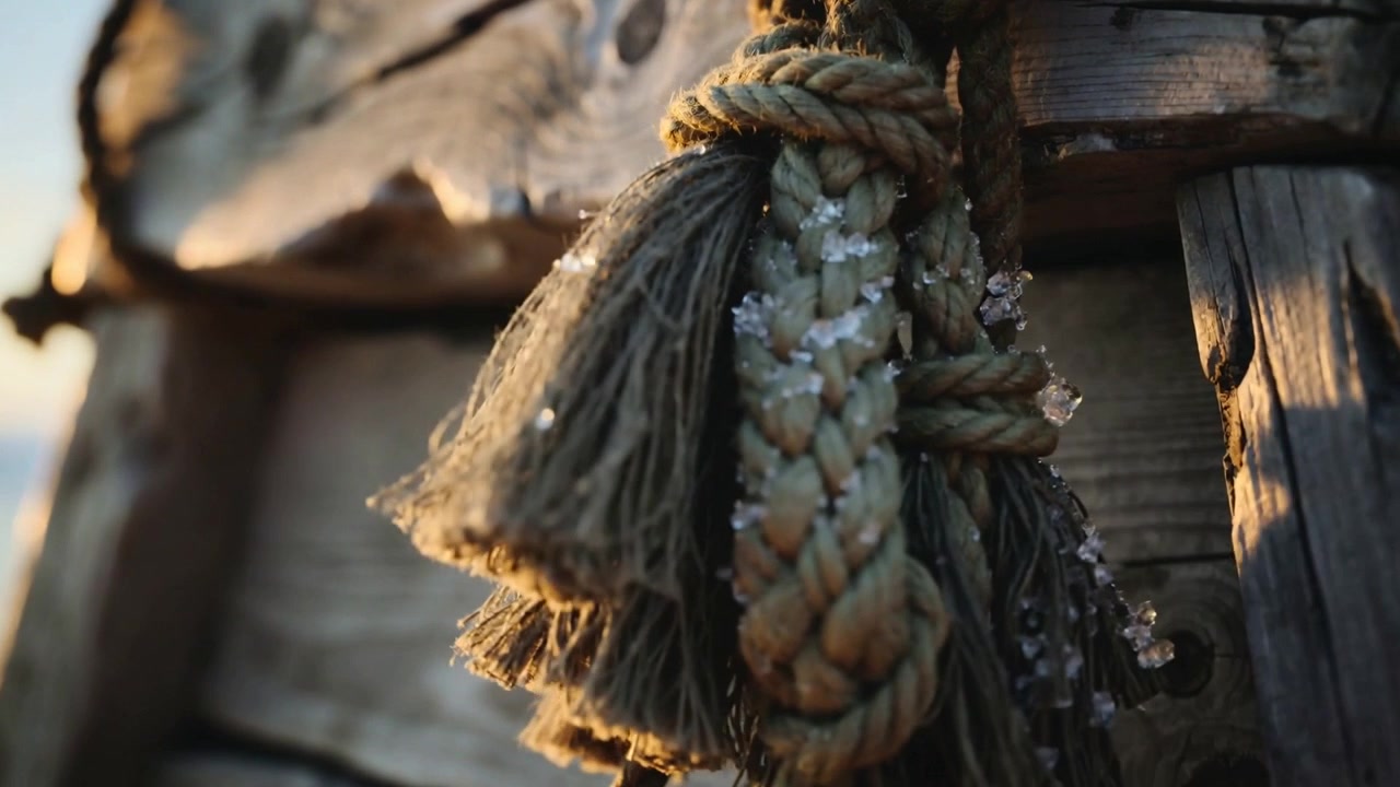 Una nappa intrecciata ondeggia, mostrando cristalli di ghiaccio su un palo verticale, mentre la telecamera si avvicina per rivelare le fibre.