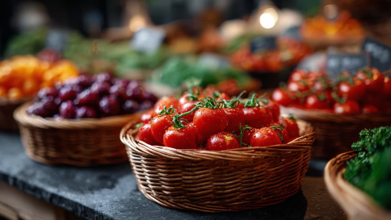 Vibrant display of fresh produce featuring luscious red tomatoes in woven baskets, surrounded by an array of colorful fruits and vegetables, creating a bountiful market atmosphere
