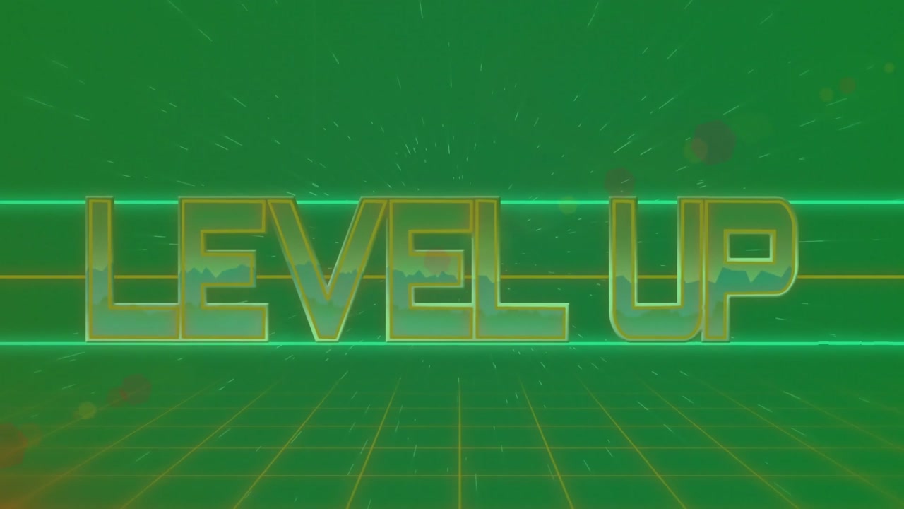 Animated Level Up Text with Glitch Effect on Digital Grid