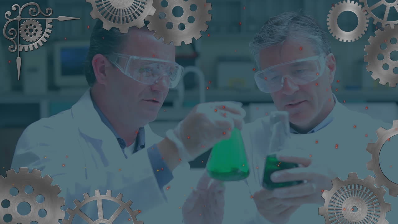 Animation of cogs are spinning over caucasian male scientists with beakers