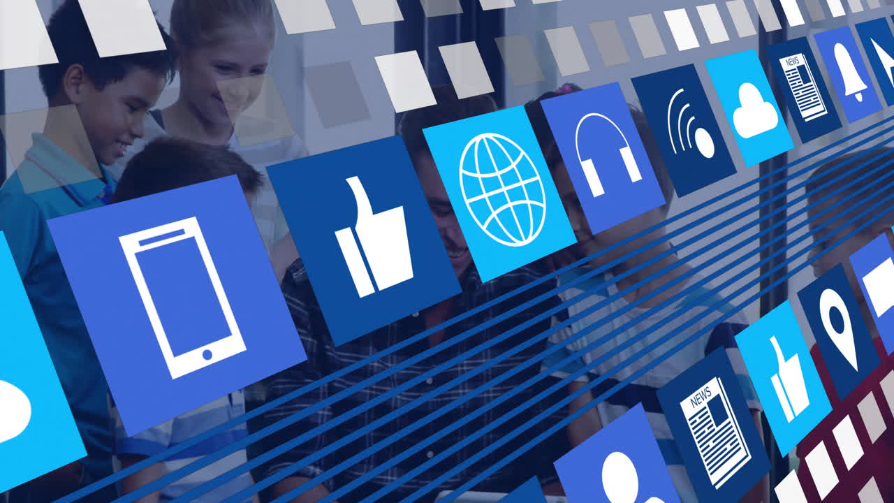 In office, animation icons overlaying diverse group collaborating on project