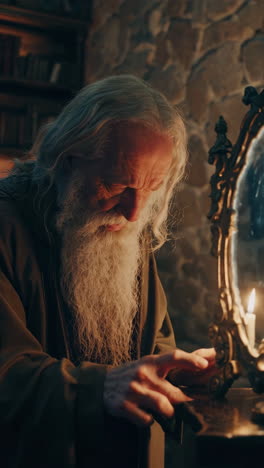 old wizard contemplating in a dark study