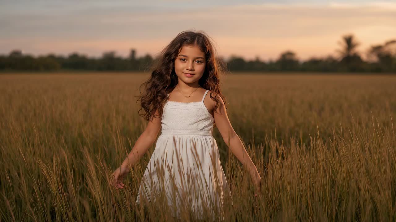 Após mudança de peso, criança pisando em campo ao pôr do sol, roçando a grama, usando vestido branco e pingente
