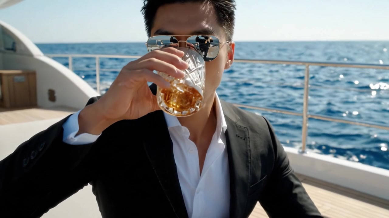 Un uomo sofisticato che si gode il relax su uno yacht con un drink in mano, catturato sotto il glorioso sole e il mare aperto.