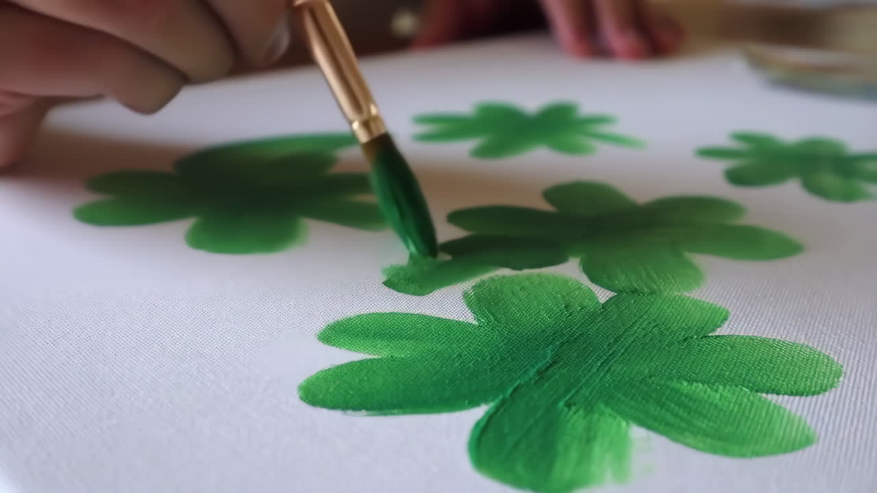 Person painting green shamrock shapes on a white canvas