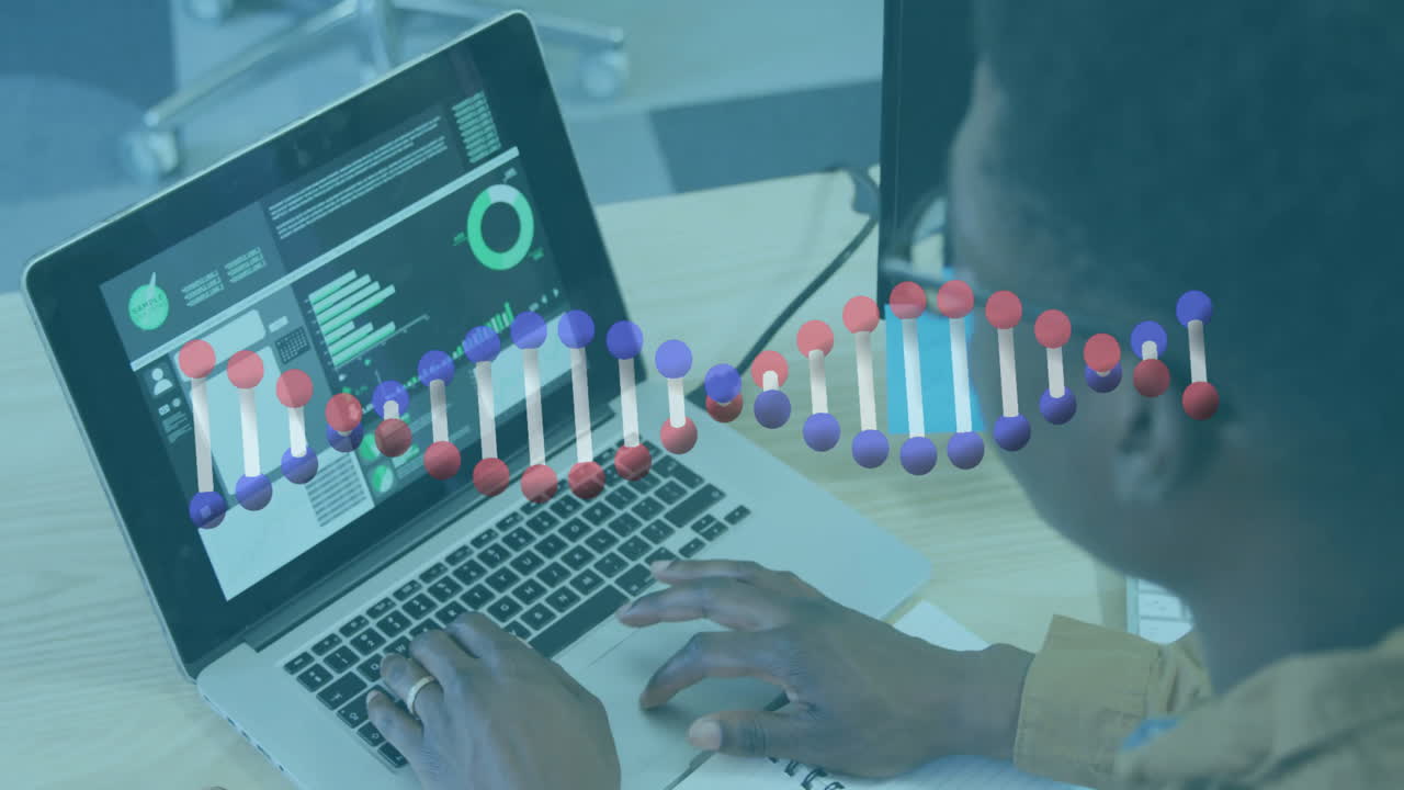 Animation of dna strand over african american businessman in office