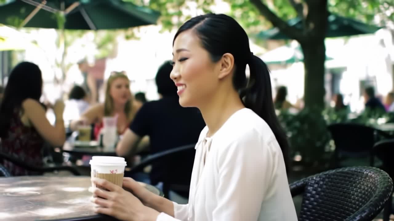 A woman sits at an outdoor cafe table, enjoying a warm drink amidst a lively atmosphere. Surrounding people chat and relax under green umbrellas during a sunny afternoon.