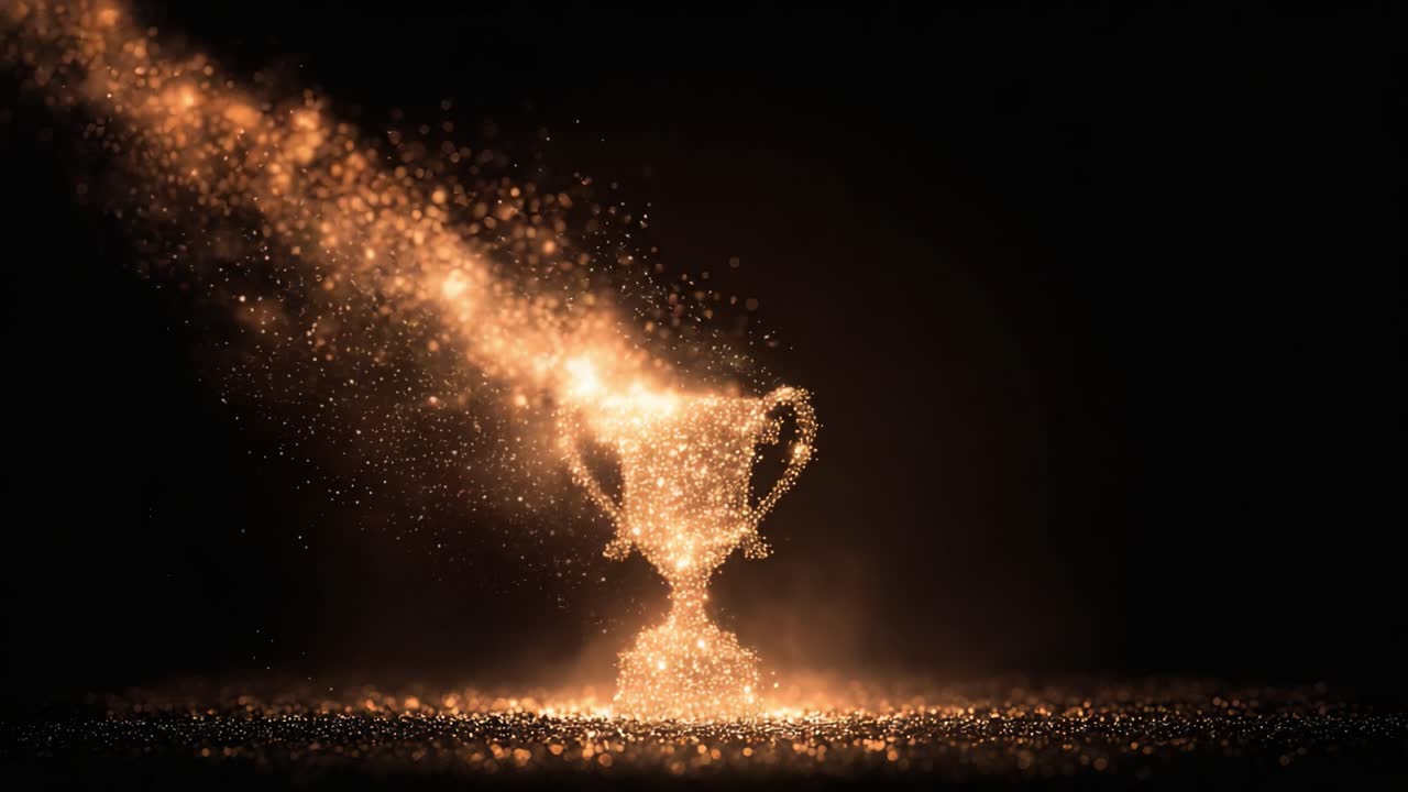 Un trofeo dorato scintillante irradia scintille e polvere, celebrando il successo con una splendida esibizione di luce e brillantezza su uno sfondo scuro.