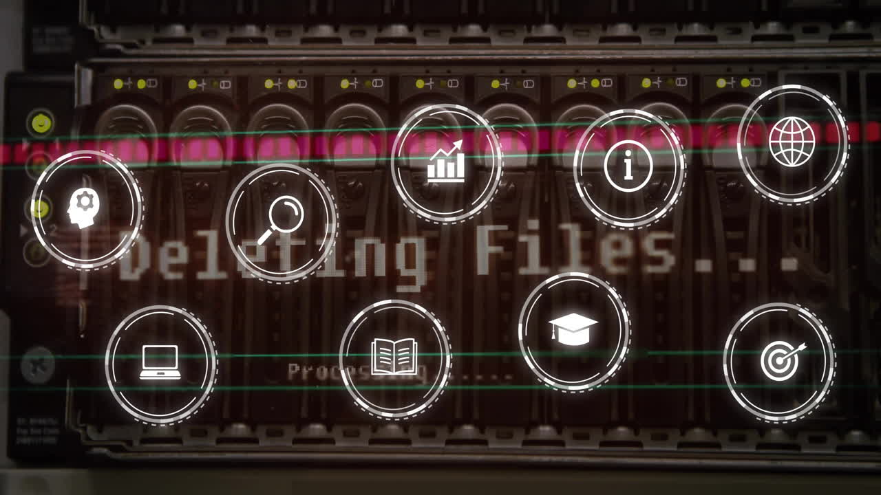 iconos para la búsqueda, la educación y la información a través de la animación del rack del servidor