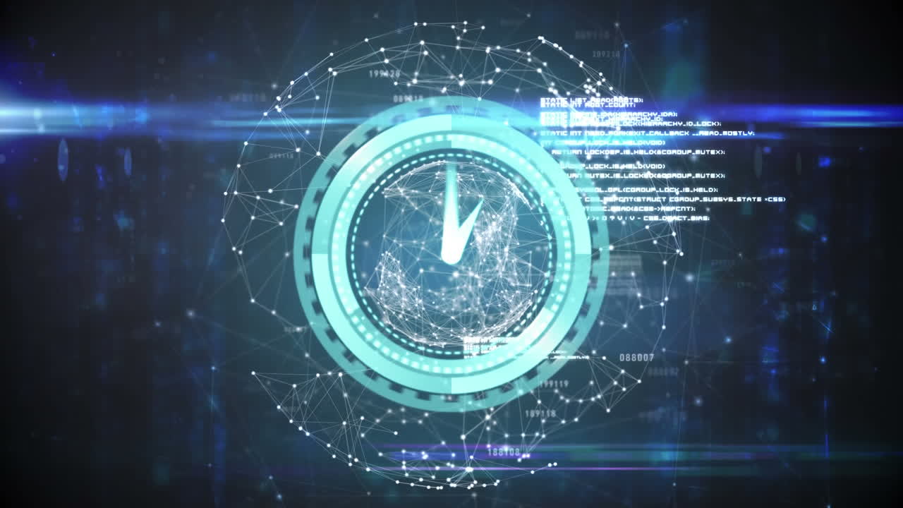digital clock animation over a global network on blue background ...