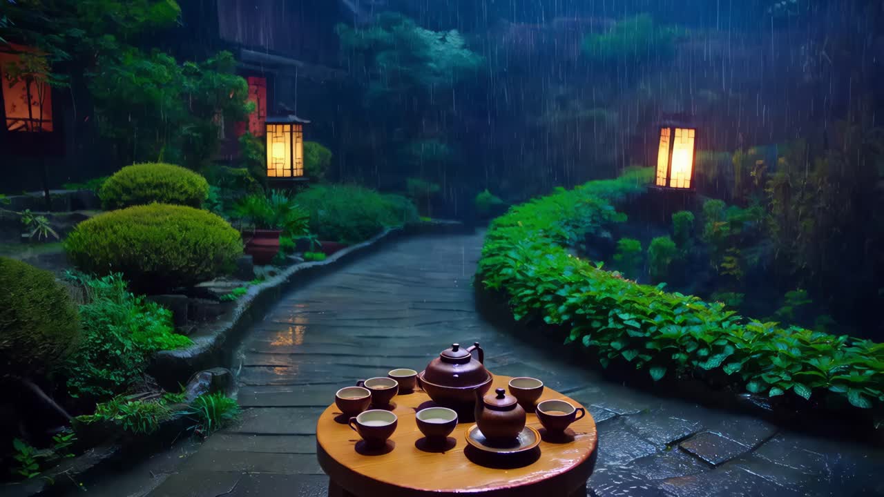 ceremonia de té japonesa en el jardín empapado de lluvia por la noche