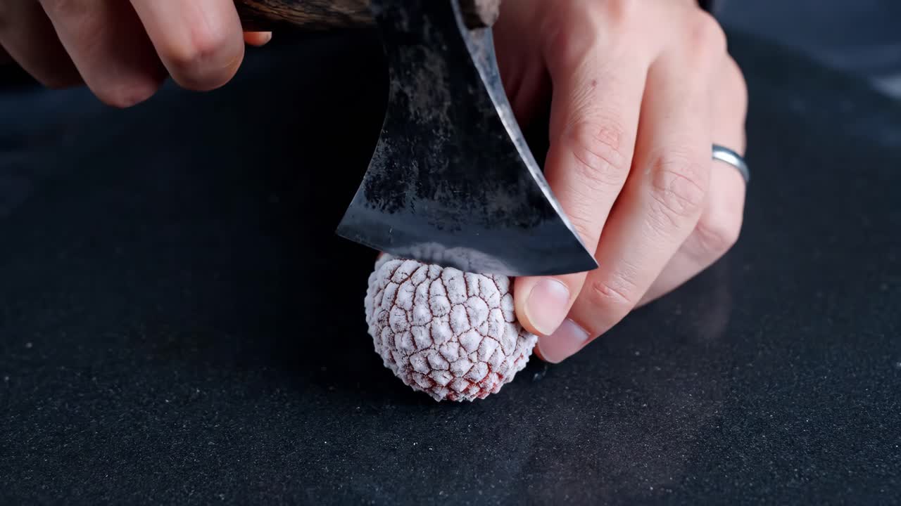 Chopping Frozen Lychee with Axe