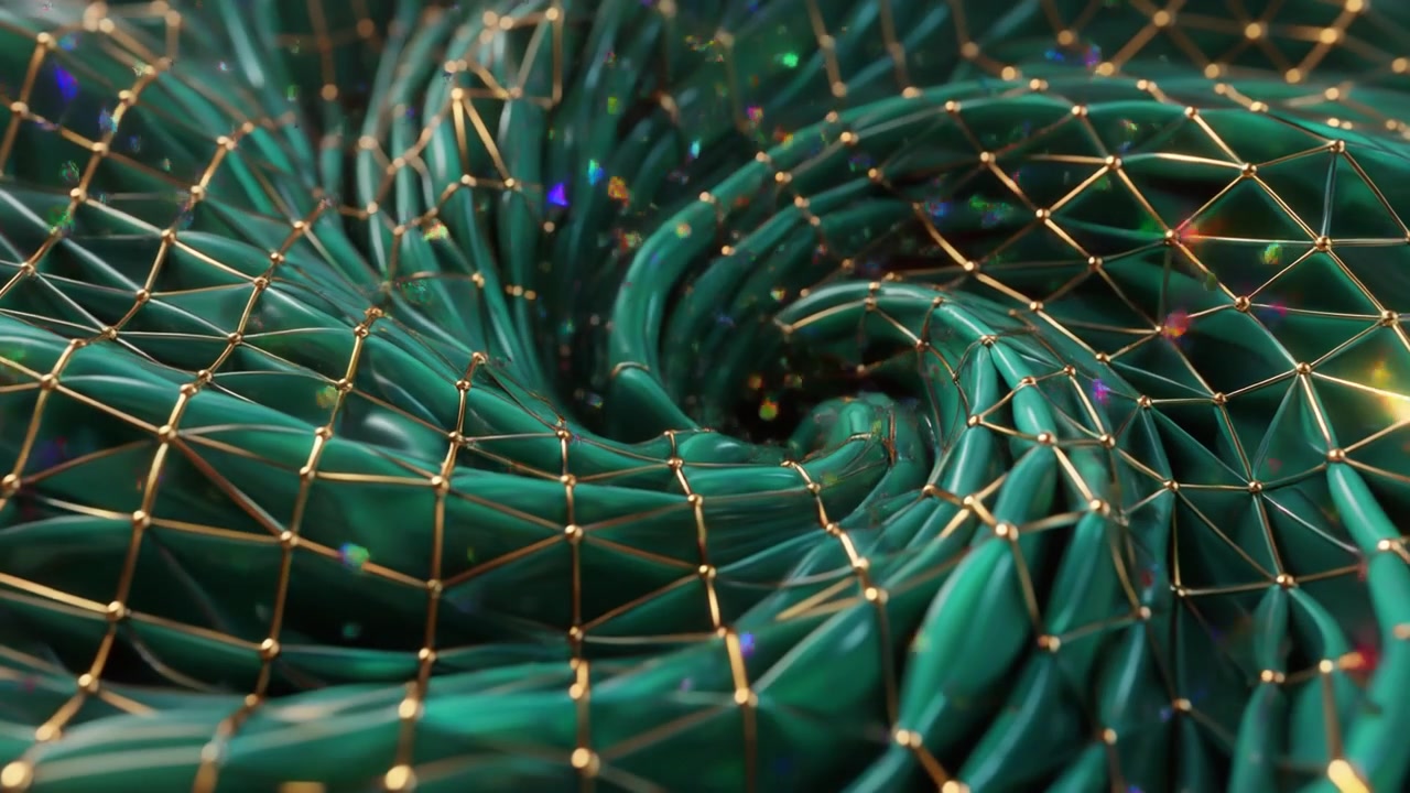 Abstract 3D Animation of Rotating Green Fabric with Gold Wire Mesh