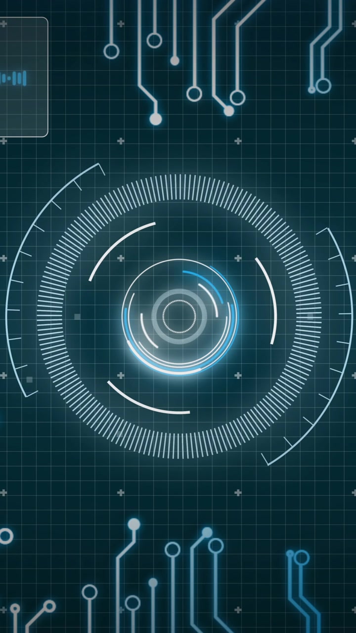 Animation of network of connections, data processing and scope scanning over black background