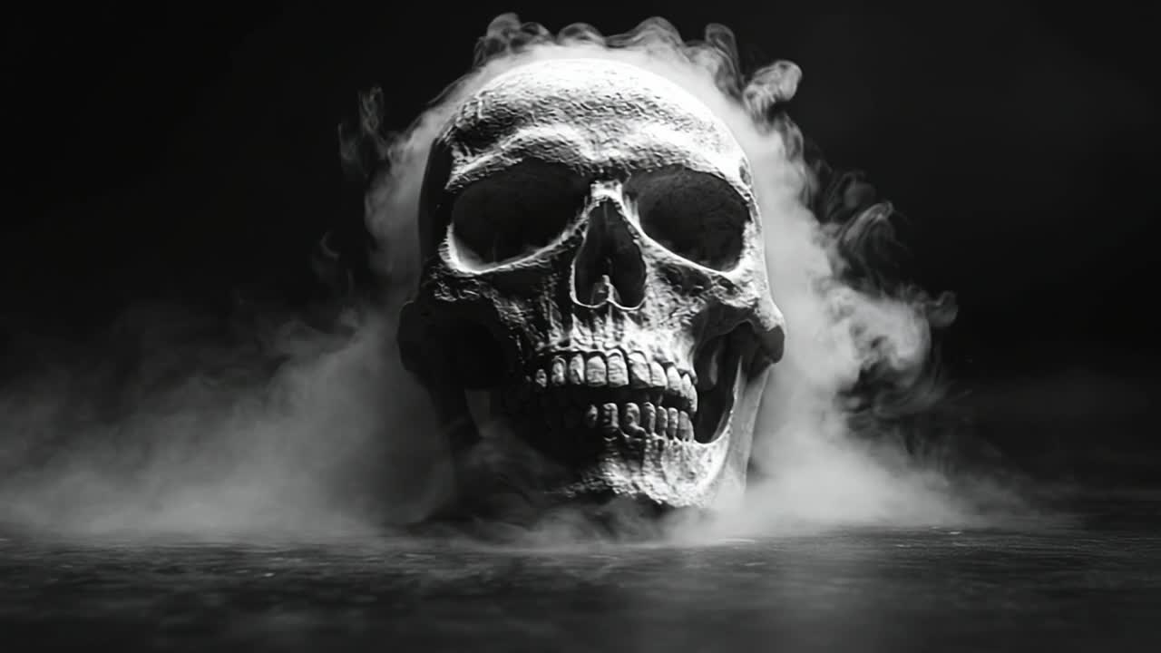 Eerie skull surrounded by swirling fog. A haunting skull rises from a dense mist, creating an unsettling atmosphere in a dark environment.