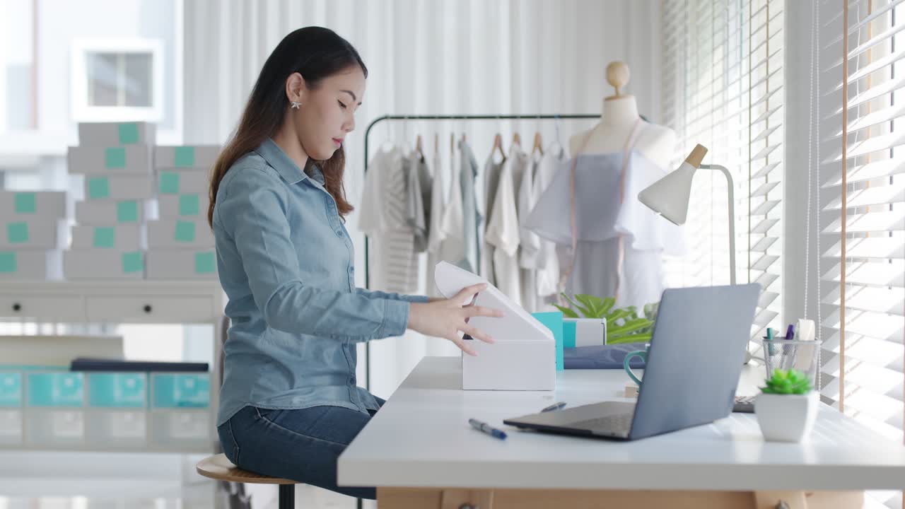젊은 매력적인 아름다운 스터 아시아 여성 포장 제품 소규모 비즈니스 패키지 주문 온라인 소매 상점 고객에게 배달. sme 소유자는 가정 사무실에서 dropshipping 상자를 준비하는 작업.
