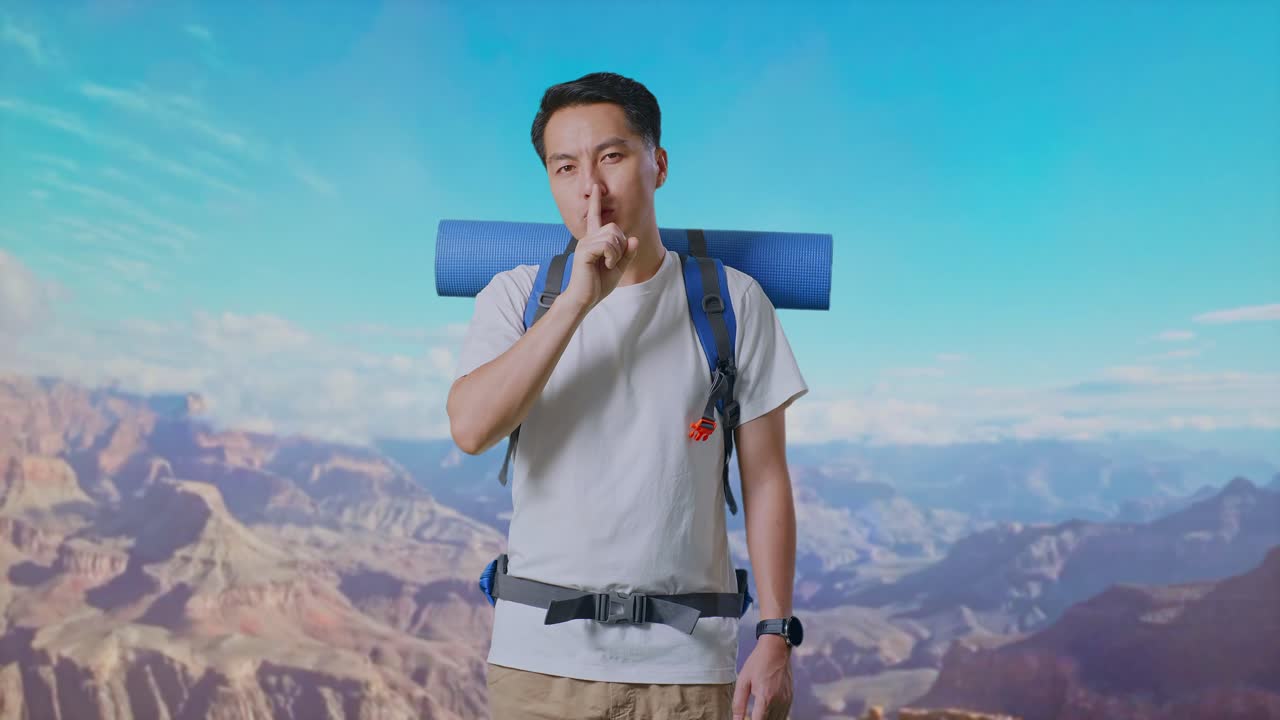 Asian Male Hiker With Mountaineering Backpack Looking At Camera And Making Shh Gesture While Traveling At The Top Of Mountain