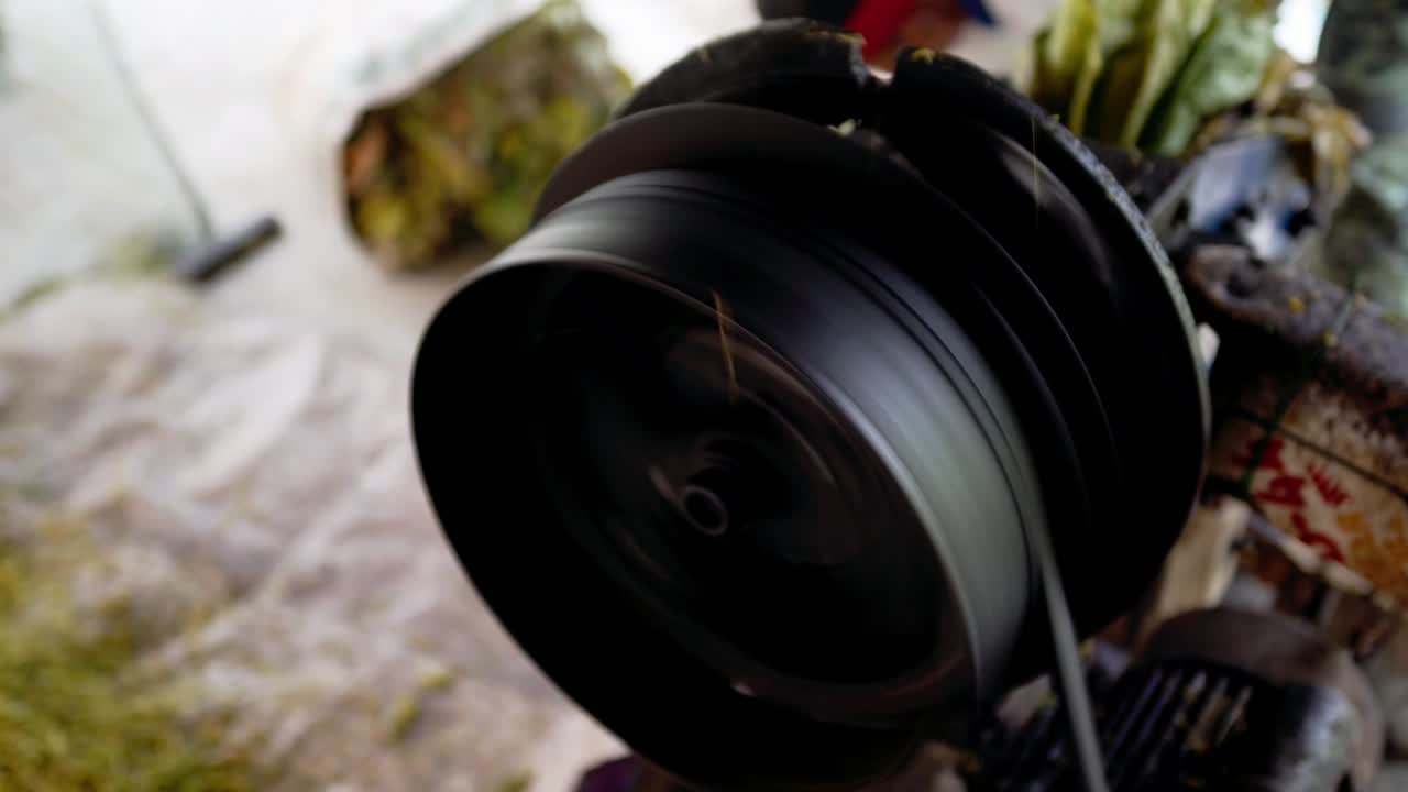 담배 잎은 담배를 생산하는 과정으로 기계를 사용하여 파쇄되고 있습니다.