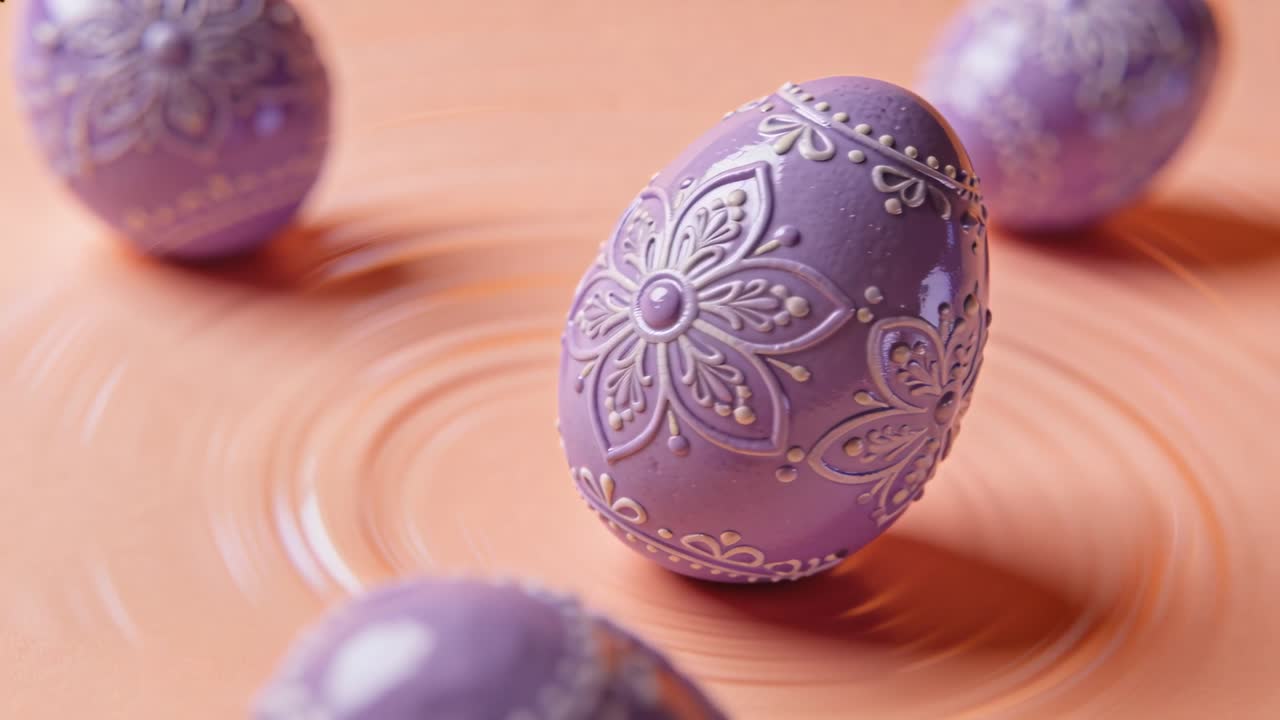 Tilting purple egg rotating, settling upright on peach tabletop, forming ripples, blurred eggs