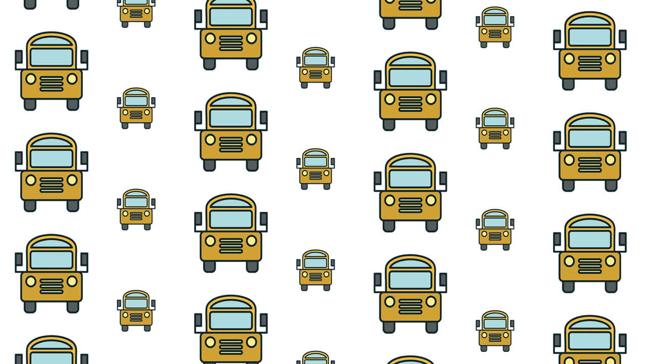 animación de iconos de autobuses escolares que se mueven sobre un fondo blanco
