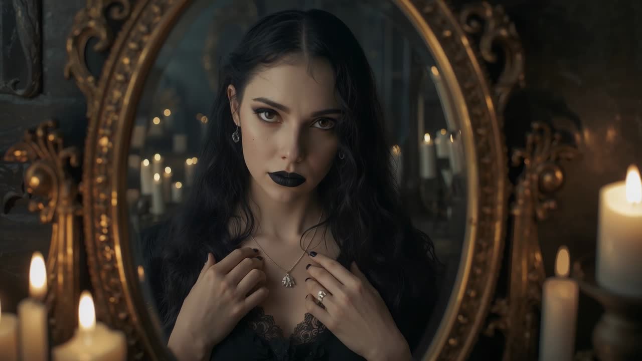 Donna che controlla la collana in pizzo nero, solleva il mento e incrocia lo sguardo mentre le candele tremolano nello specchio