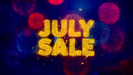 july sale  text on colorful firework explosion particles.