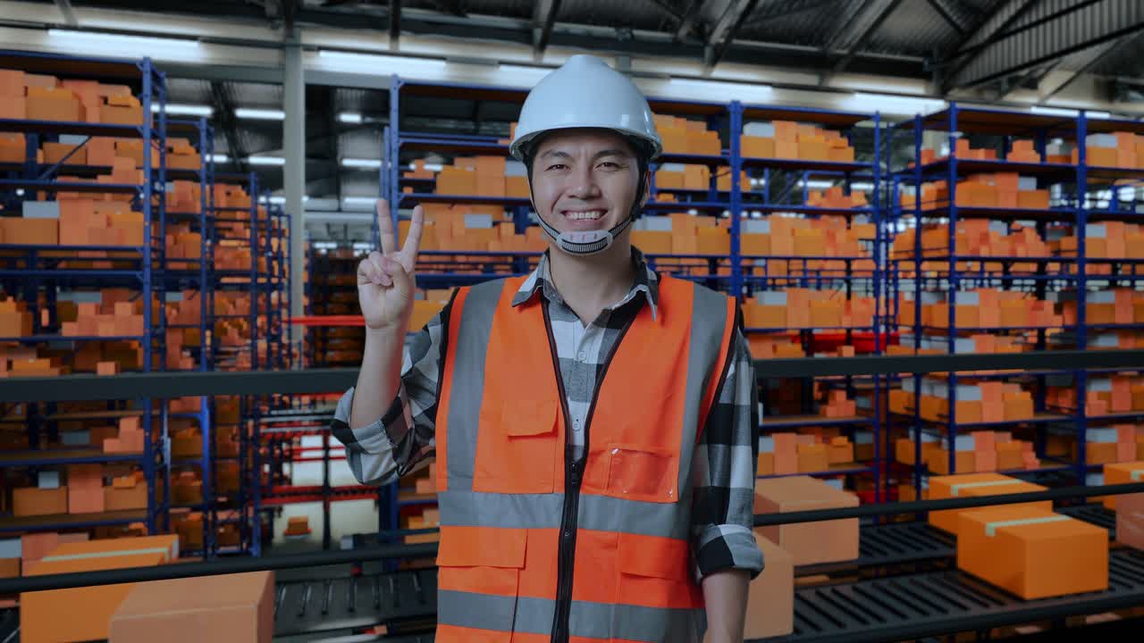 안전 헬을 입은 아시아 남성 엔지니어가 배달 물품으로 가득 찬 선반과 함께 창고에 서 있습니다.