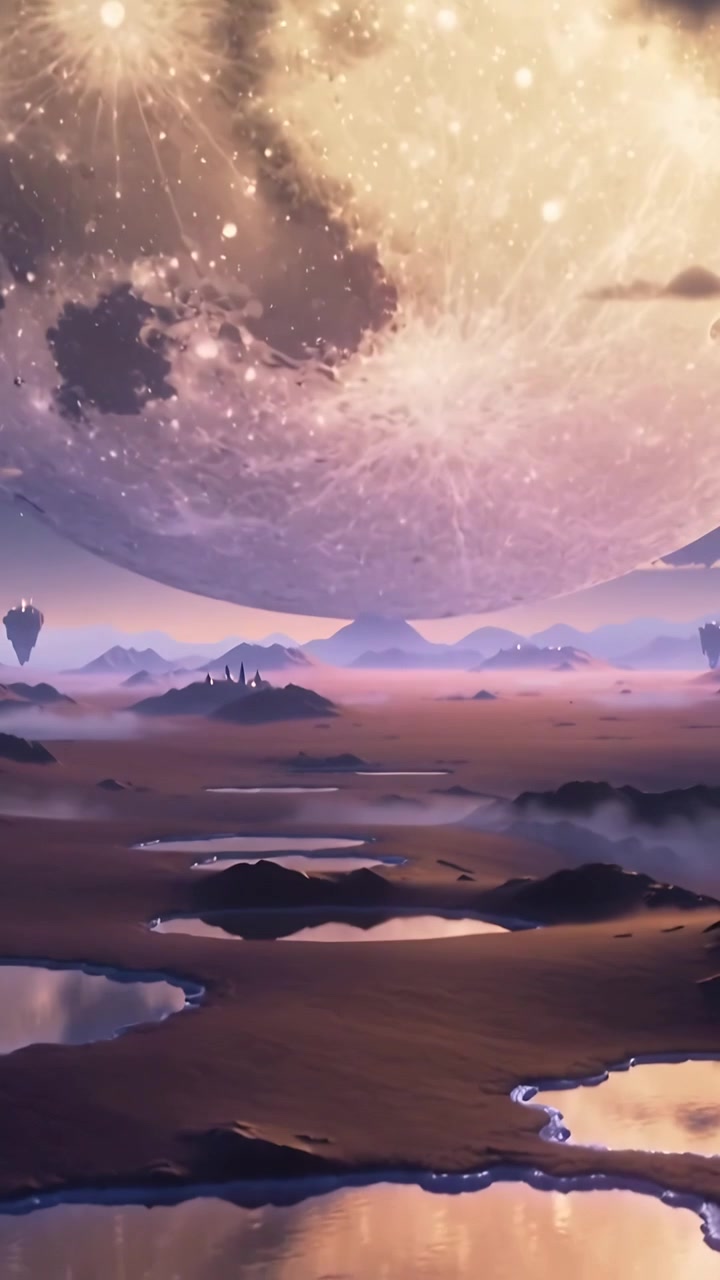 Video verticale: Telecamera che si muove verso il basso su una pianura aliena all'alba per rivelare luna, pozze, roccia galleggiante