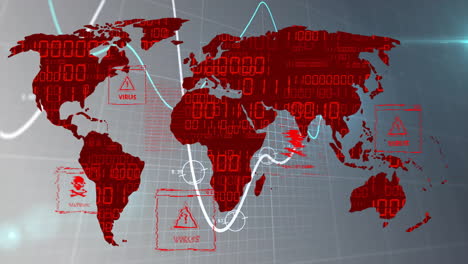 Animation displaying virus and malware alerts on world map with digital data
