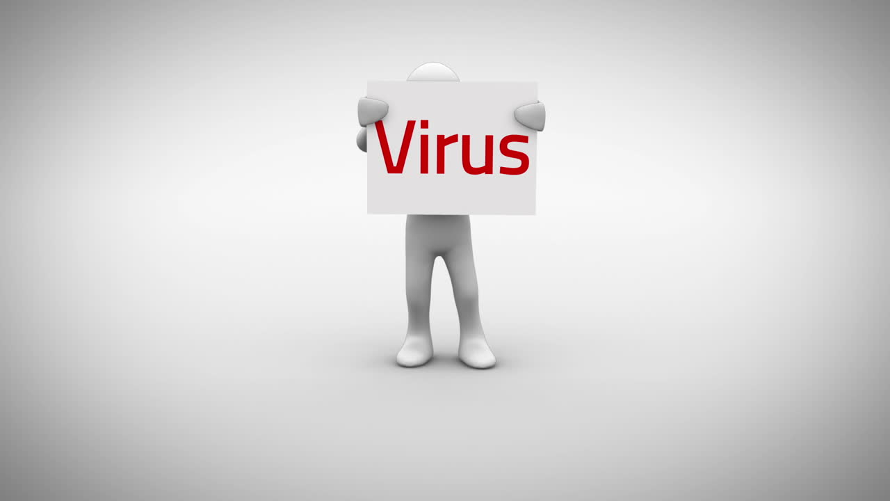 White character holding sign saying virus