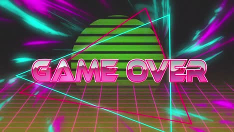 Game-Over-über-Neondreiecke-Gegen-Digitale-Wellen-Und-Gitternetzwerk-Auf-Rotem-Hintergrund