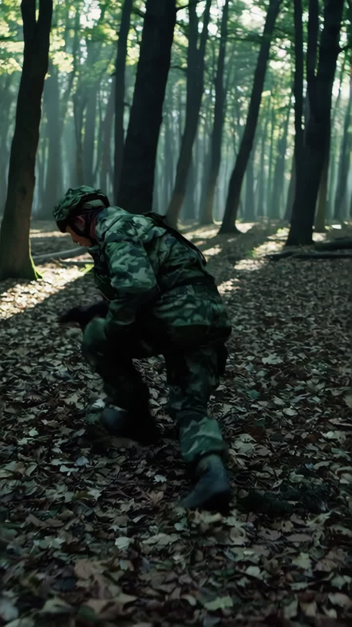 soldado en camuflaje en un bosque