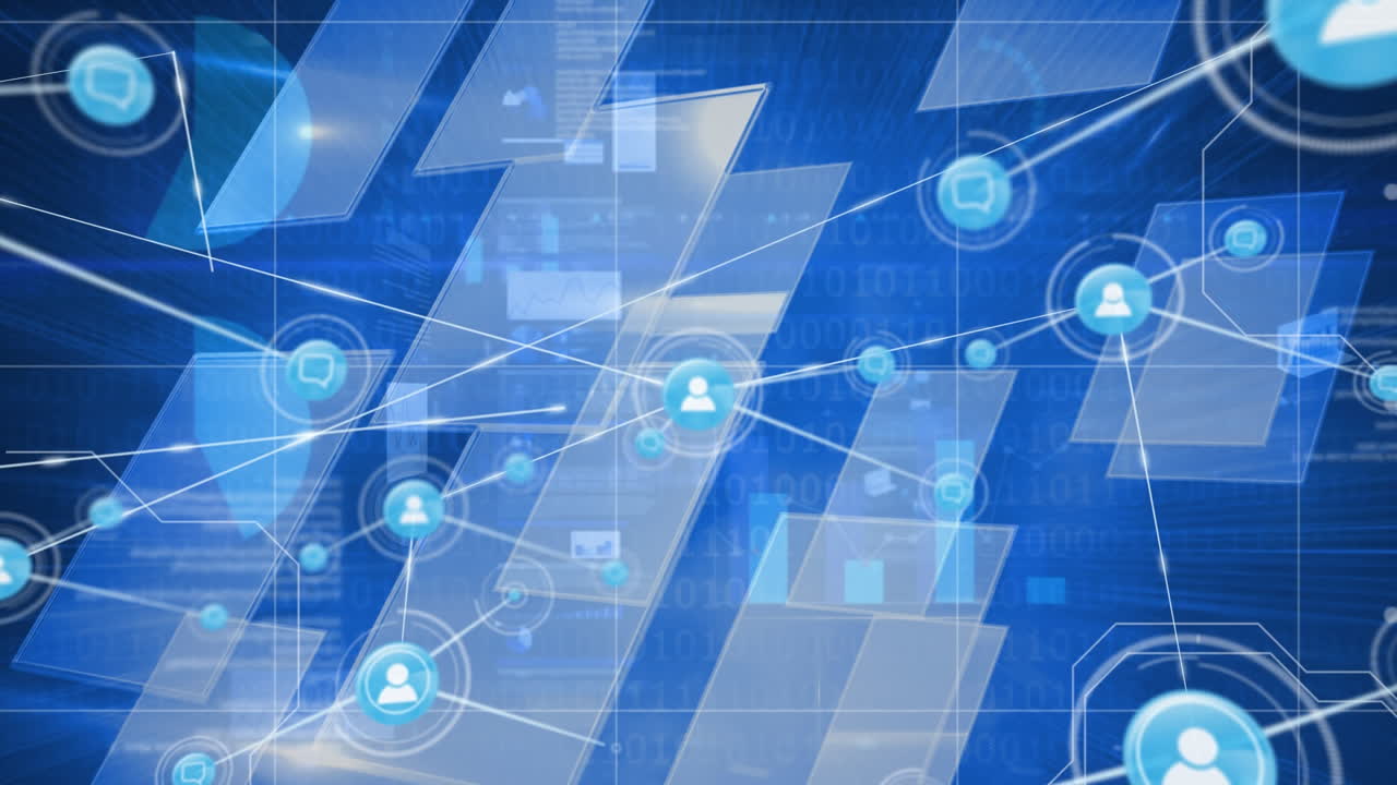 여러 개의  ⁇ 색 모양 위에 정보와 데이터를 가진 연결된 사람 아이콘의 애니메이션