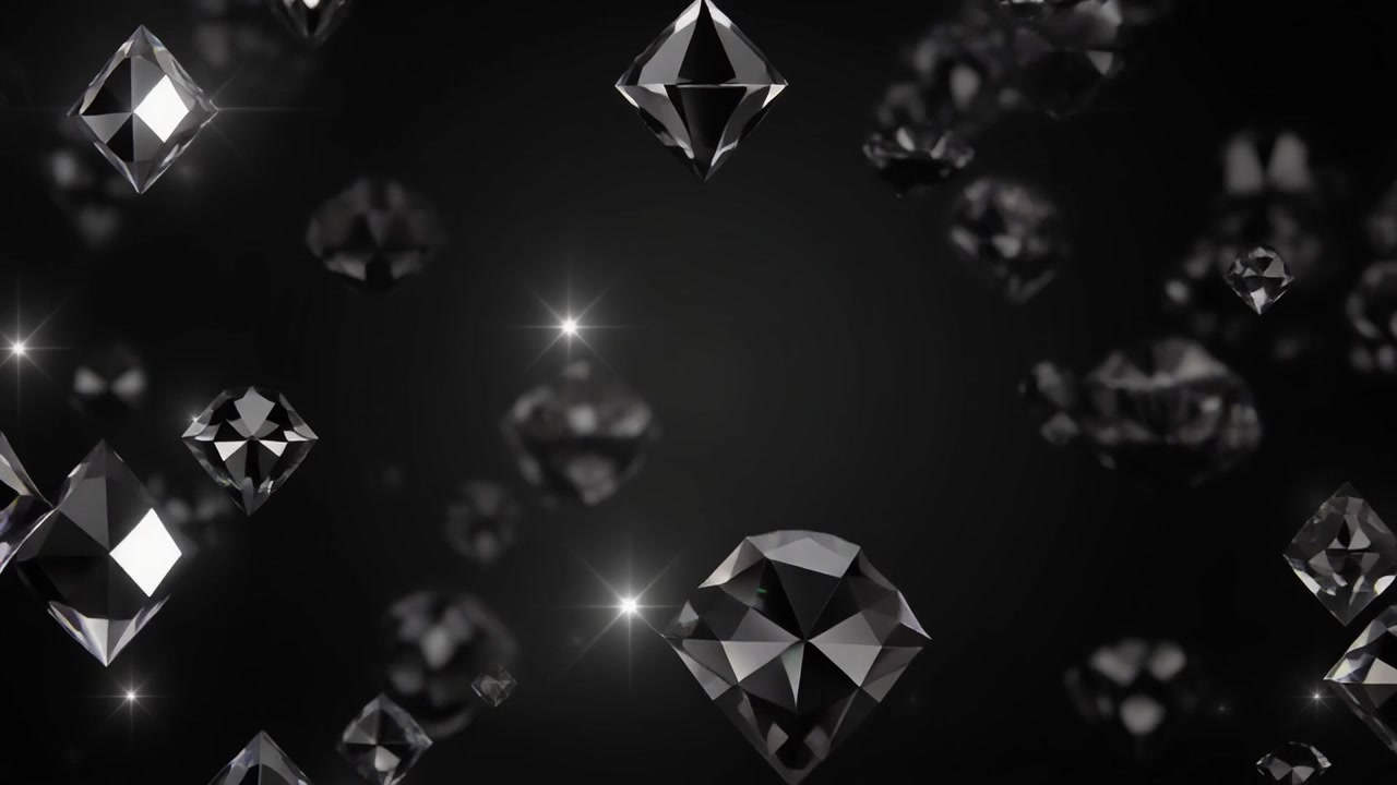 Diamantes Negros Flotantes con Reflejos de Luz Brillantes