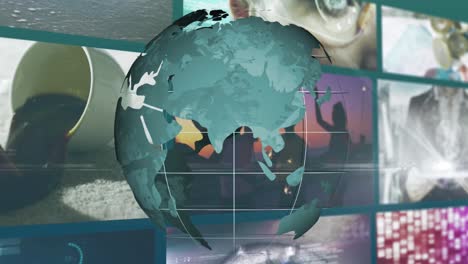 animation of blue globe rotating over colourful clips playing on composite screens