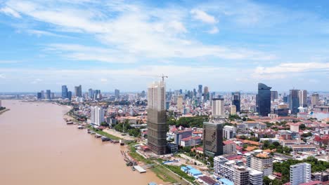 breathtaking aerial footage of phnom penh cityscape along the tonle sap river, capturing high-rise buildings, clear blue skies, and vibrant urban life in daylight.