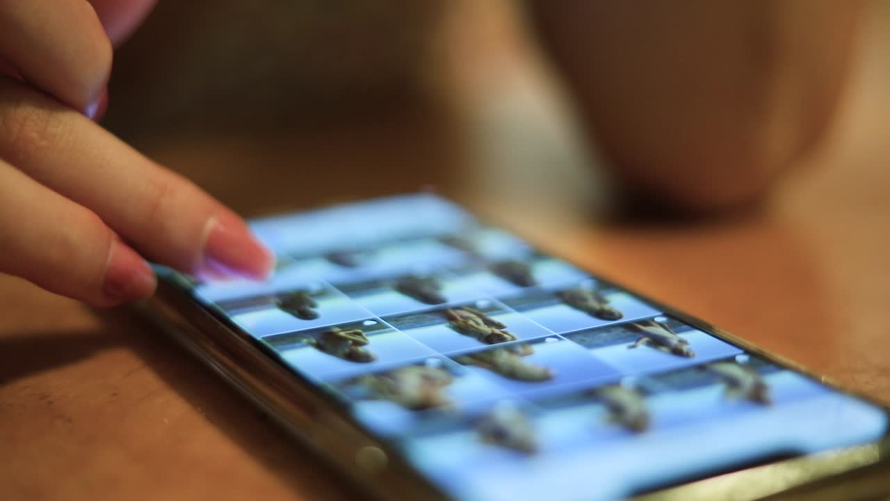 primer plano en cámara lenta de una mujer con uñas rosadas que se desplaza a través de cientos de fotos de su teléfono
