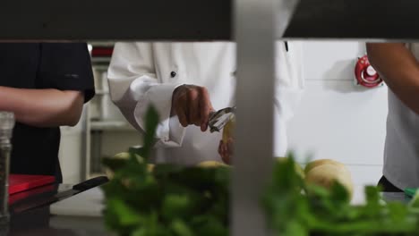 midsection of diverse group of chefs peeling and cutting vegetables in restaurant kitchen