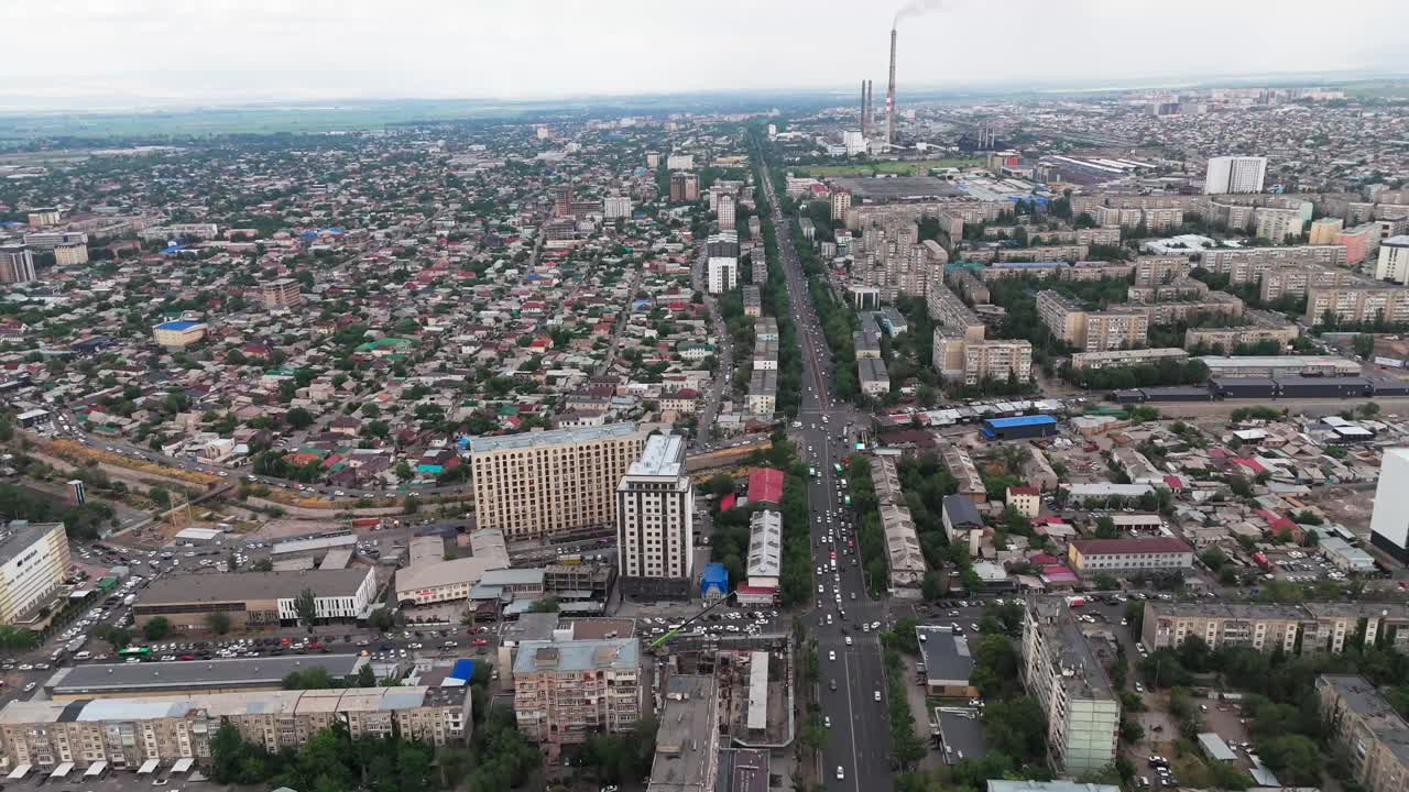 Aerial view of the city of Bishkek, the capital of Kyrgyzstan, skyline cityscape traffic main road