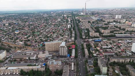 aerial view of the city of bishkek, the capital of kyrgyzstan, skyline cityscape traffic main road