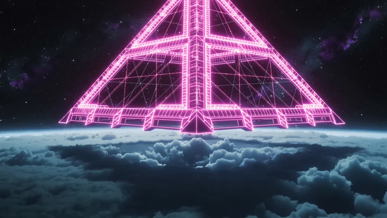 Brightening neon-pink pyramid descending toward cloud deck, pulsing lattice, activating cloud ring