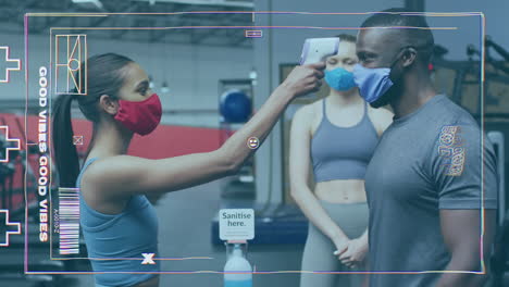 gaming interface against woman measuring temperature of man at the gym