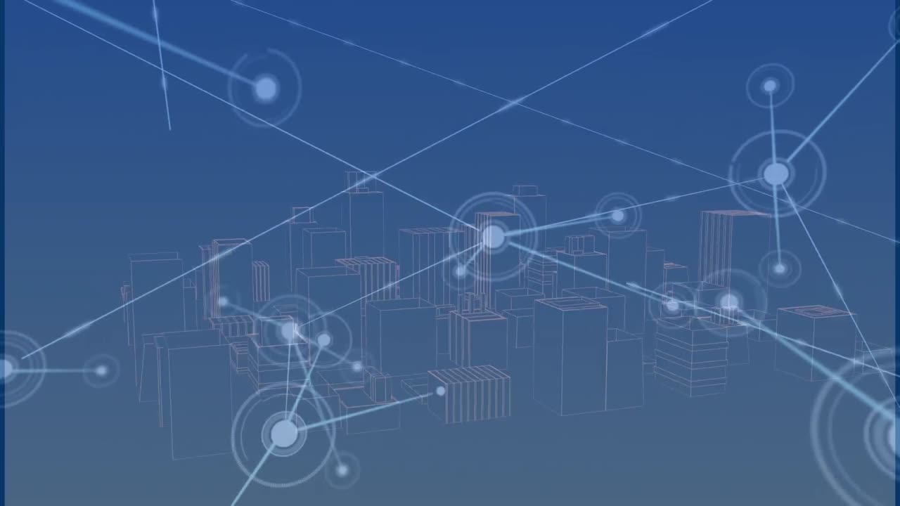 Animation of network of connections over metaverse city on blue background