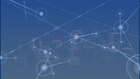 Animation-of-network-of-connections-over-metaverse-city-on-blue-background