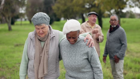 smile, retirement and relax with friends in park