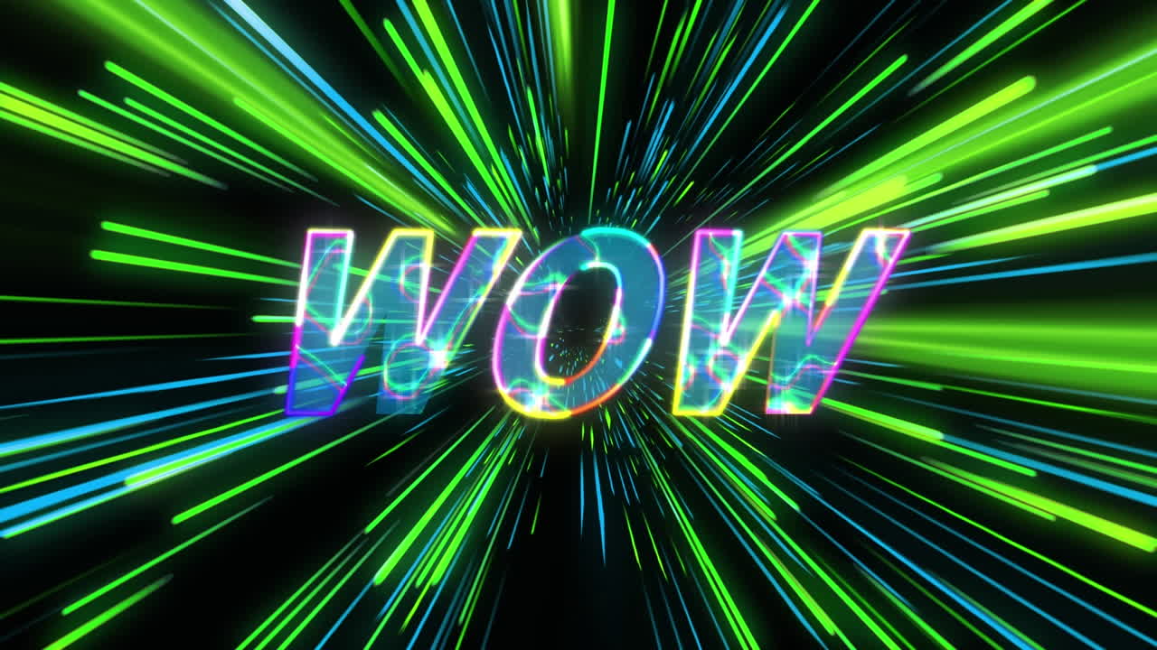 검은색 배경에 네온 빛 트레일 위에 와우 텍스트의 애니메이션