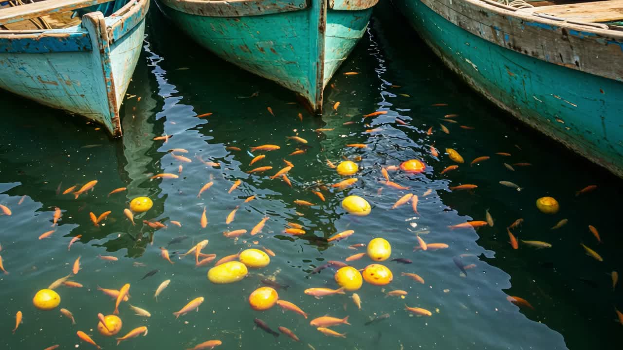 A Serene Scene of Colorful Fish Swimming Among Floating Fruits in Vintage Fishing Boats at Rest on Calm Waters