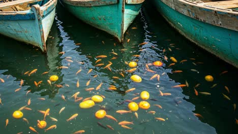 a serene scene of colorful fish swimming among floating fruits in vintage fishing boats at rest on calm waters